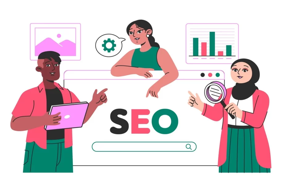 Ilustração sobre SEO para Páginas AMP com três figuras apresentando gráficos, dispositivos e um símbolo de engrenagem, simbolizando análise e otimização.